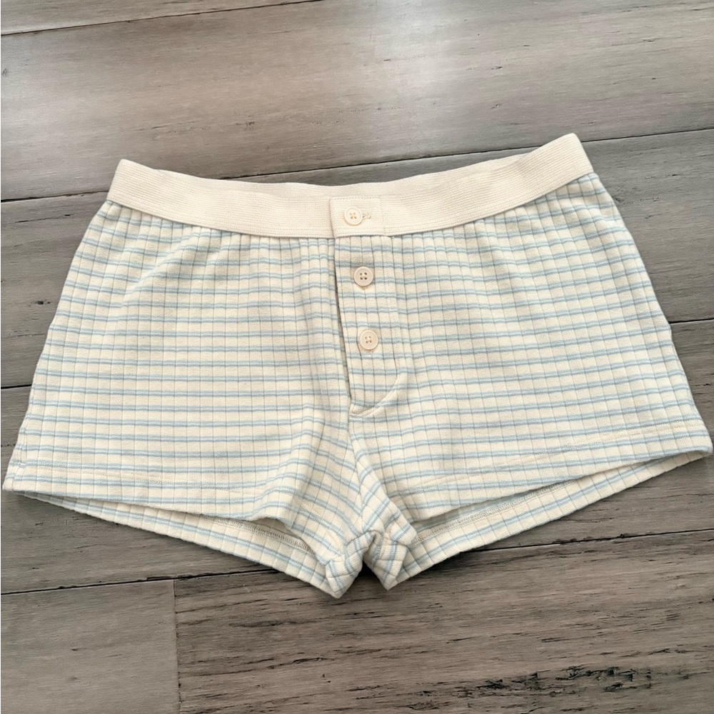 Brandy Melville Cream & Light Blue Striped Knit Shorts
